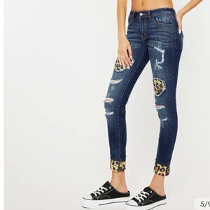 KanCan Mid Rise Distressed Leopard Print Accent Super Skinny Jeans